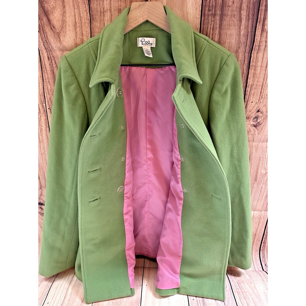 Lilly Pulitzer Womens Pea Coat Green with Pink Lining Double Breasted Wool